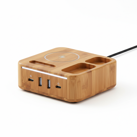 Bamboo Bedside Charging Station with wireless pad and USB ports