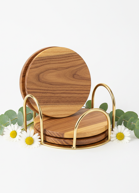 Acacia Wood Coaster Set with Brass Holder