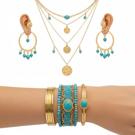 Women's boho gold layered necklaces, hoop earrings and turquoise bracelet set