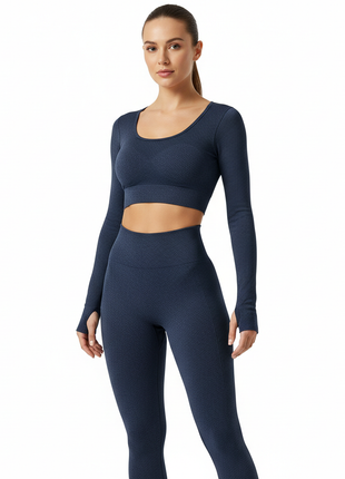 Navy Seamless Power Set - Women's Ribbed Gym Leggings and Crop Top