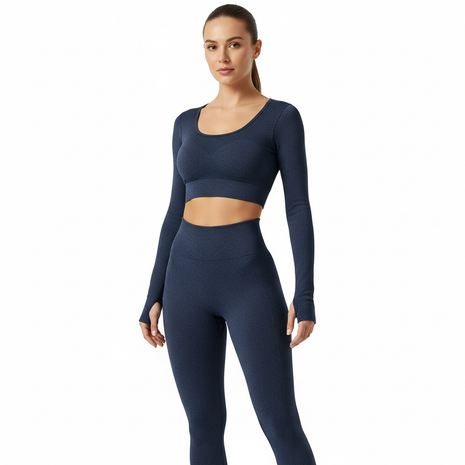 Navy Seamless Power Set - Women's Ribbed Gym Leggings and Crop Top