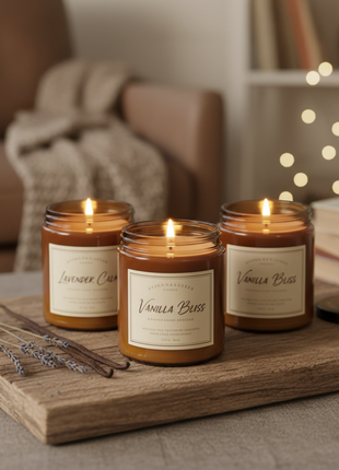 Set of 3 scented soy candles in amber glass jars with wooden wicks