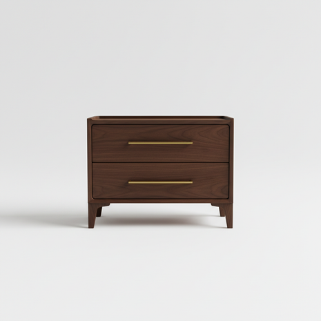 Walnut Nightstand with Brass Handles - 2 Drawer