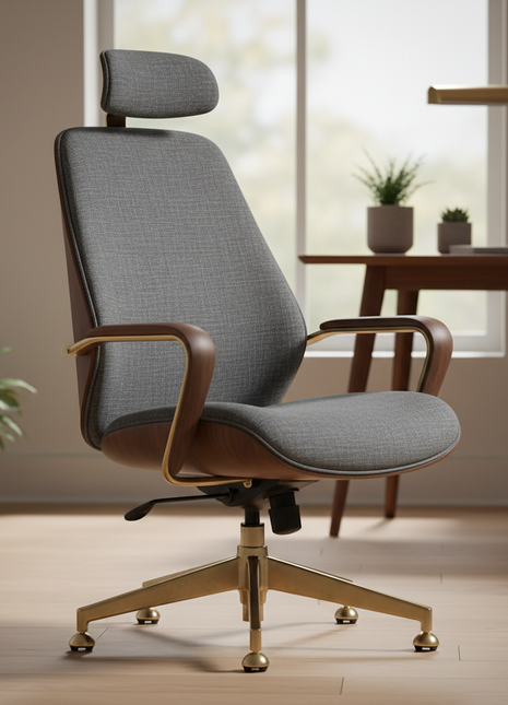 Ergonomic Office Chair - Charcoal Linen with Brass Accents