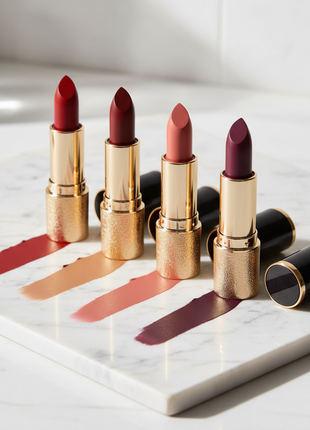 Six luxury velvet matte lipstick tubes in assorted shades on marble surface
