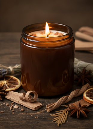 Sandalwood Serenity scented candle in dark amber jar with sandalwood chips