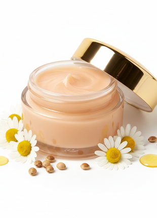 Luxury glass jar of oil-based makeup remover balm with gold lid surrounded by botanical ingredients
