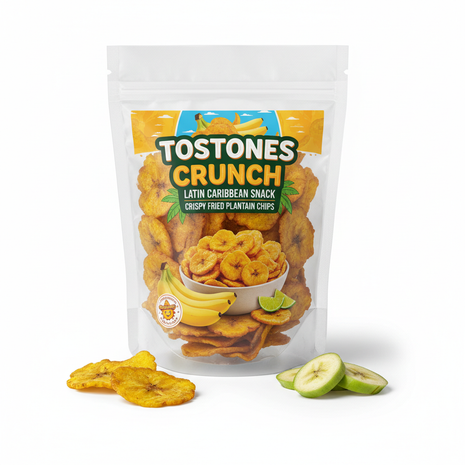 Crispy plantain chips tostones in bag, Latin Caribbean snack
