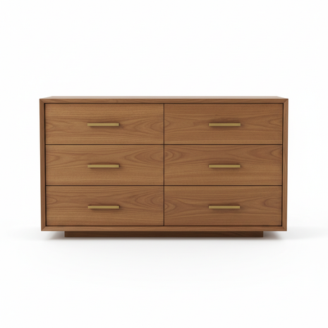Modern 6-drawer dresser with warm walnut finish and brushed brass handles