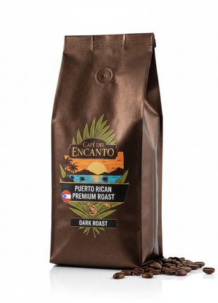 Puerto Rican premium dark roast coffee bag with island-themed label