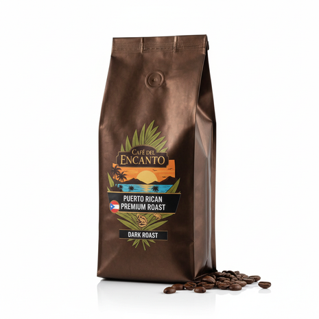 Puerto Rican premium dark roast coffee bag with island-themed label