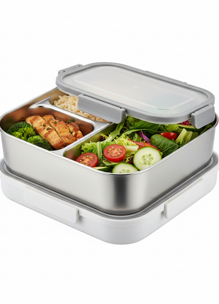 Stainless steel bento lunch box with compartments on white background