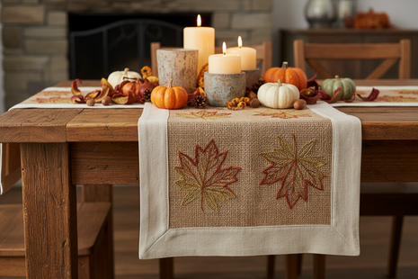 Maple Leaf Table Runner on farmhouse dining table with fall decor