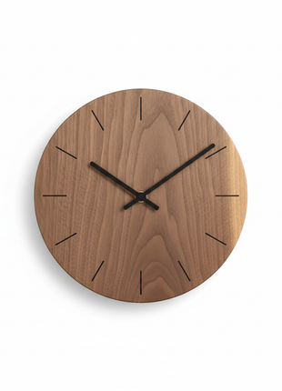 Minimalist round walnut wooden wall clock with clean face