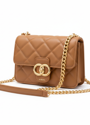 Women's Tan Leather Crossbody Bag with Gold Chain
