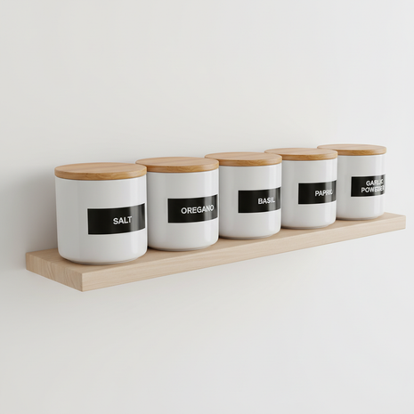 6-piece ceramic spice jar set with bamboo lids on kitchen shelf