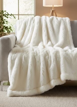 Cream faux fur throw blanket draped over a modern sofa