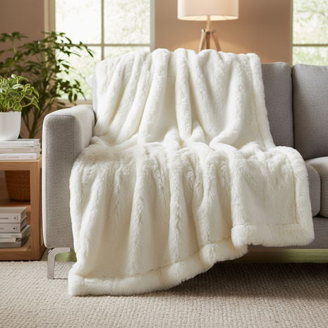 Cream faux fur throw blanket draped over a modern sofa