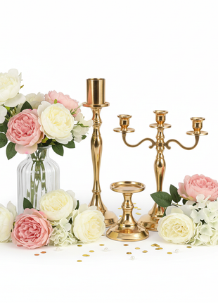 Elegant centerpiece decoration kit with gold candle holders and artificial flowers