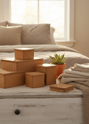 Modular Oak Storage Box Set with Brass Hardware