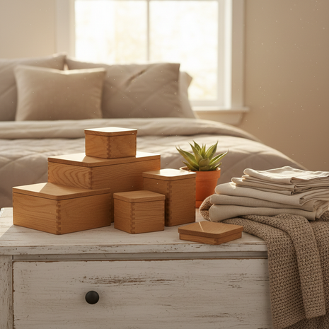 Modular Oak Storage Box Set with Brass Hardware