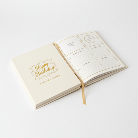 Birthday memory journal hardcover with gold foil embossing and guided prompts