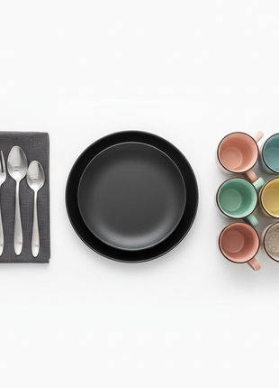 Modern Black Kitchen Bundle with matte black plates pastel cups and steel flatware