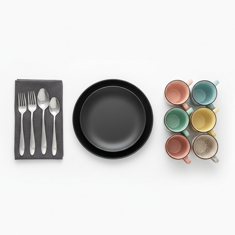 Modern Black Kitchen Bundle with matte black plates pastel cups and steel flatware