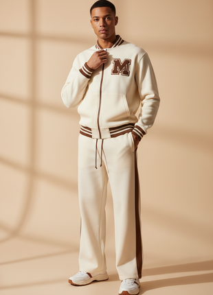Cream Varsity Zip-Up & Wide-Leg Sweat Set