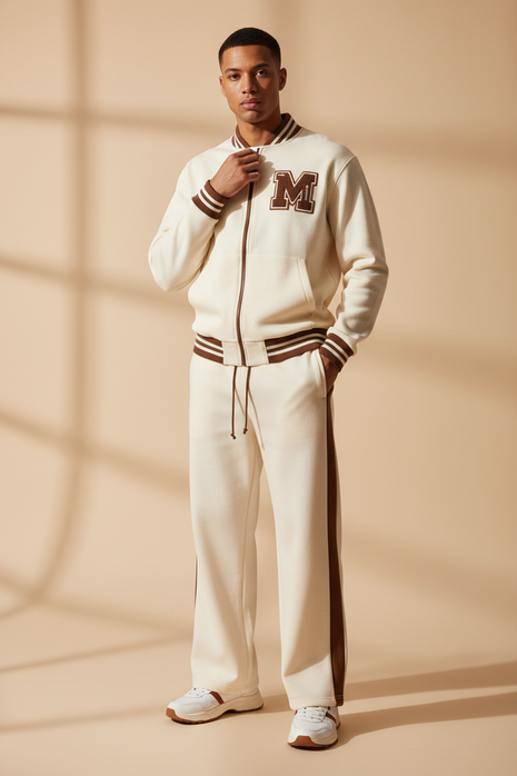 Cream Varsity Zip-Up & Wide-Leg Sweat Set