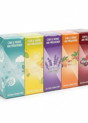 6-pack assorted scent air fresheners in colorful packaging