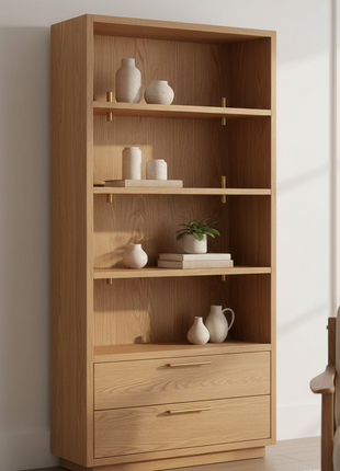 Vertical Oak Office Bookshelf with Brass Hardware