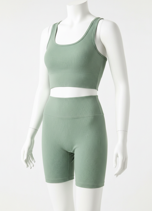 Ribbed Crop Top & High-Waist Biker Shorts Set – Sage Green