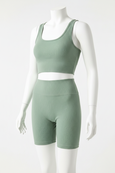 Ribbed Crop Top & High-Waist Biker Shorts Set – Sage Green