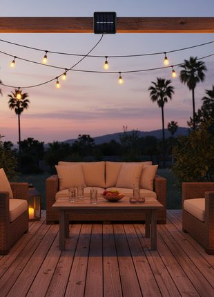 Warm outdoor LED string lights hanging on a patio at dusk