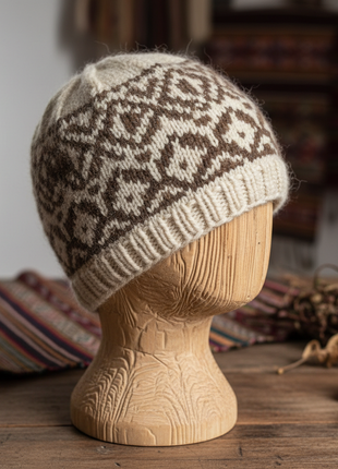 Bolivian Hand-Knitted Alpaca Wool Beanie – Andean Geometric Pattern