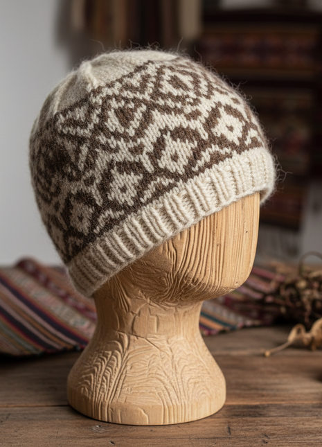Bolivian Hand-Knitted Alpaca Wool Beanie – Andean Geometric Pattern