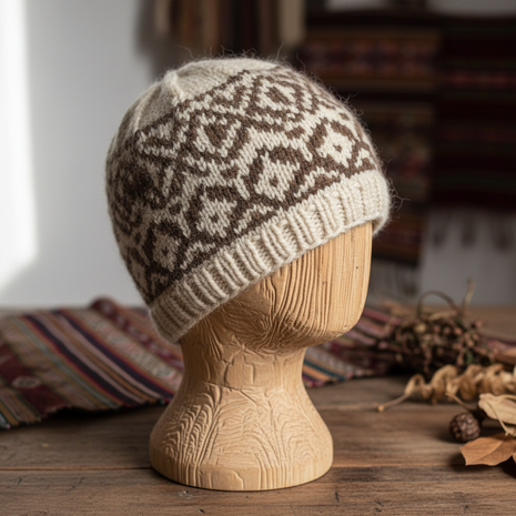Bolivian Hand-Knitted Alpaca Wool Beanie – Andean Geometric Pattern