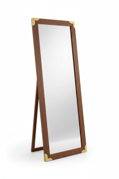 Walnut Frame Full Length Mirror with Brass Accents