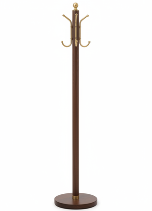 Walnut Coat Rack with Brass Hooks - Freestanding Design