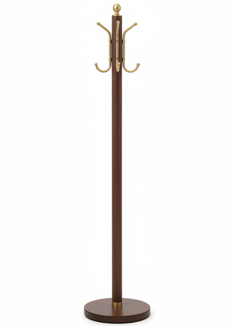 Walnut Coat Rack with Brass Hooks - Freestanding Design