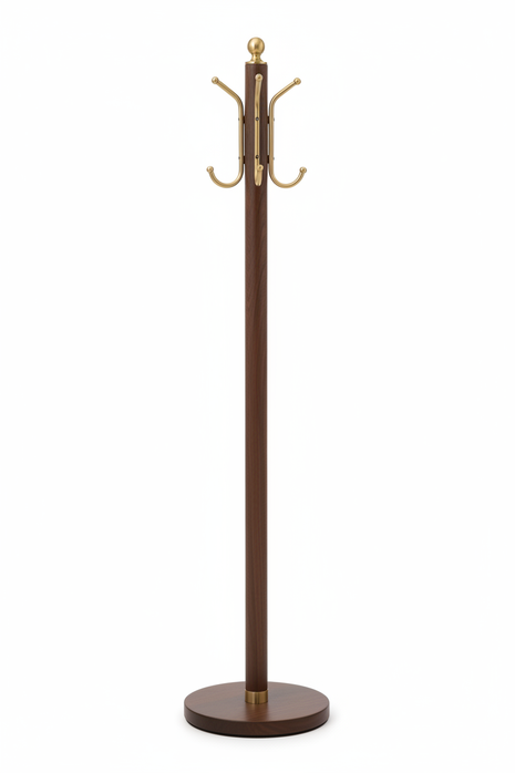 Walnut Coat Rack with Brass Hooks - Freestanding Design