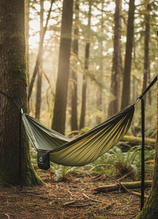 Lightweight camping hammock strung between trees in a forest