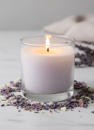 Lavender Dreams scented candle in glass jar with dried lavender sprigs