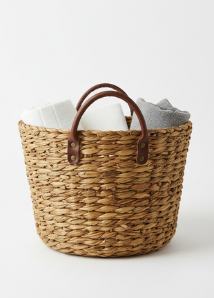 Handwoven Seagrass Storage Basket with Leather Handles