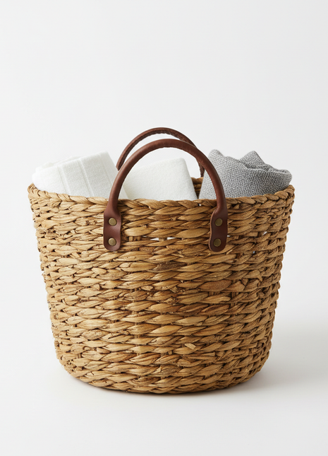 Handwoven Seagrass Storage Basket with Leather Handles