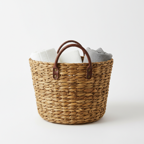 Handwoven Seagrass Storage Basket with Leather Handles