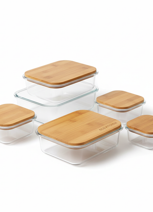 Borosilicate glass food storage containers set of 5 with bamboo lids on white background