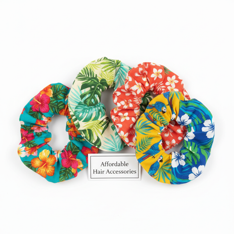Set of 5 tropical print scrunchies in bright summer hibiscus and leaf patterns