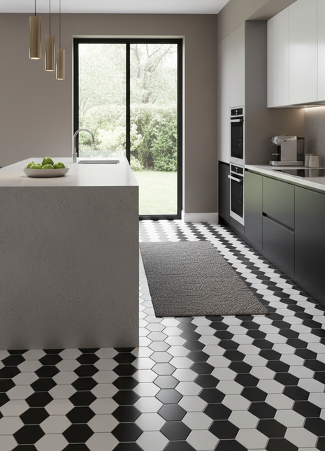 Black and White Hexagon Peel and Stick Floor Tiles - 12x12 Inch (15 Pack)